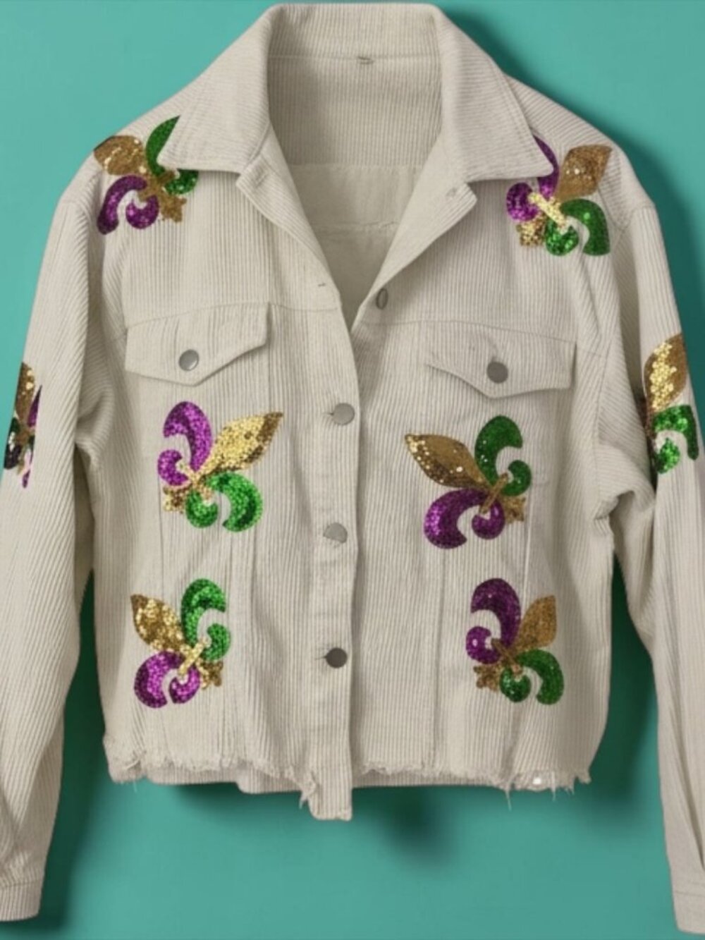  Mardi Gras Sequin Fleur De Lis Corduroy Cropped Shacket S EXCELLENT